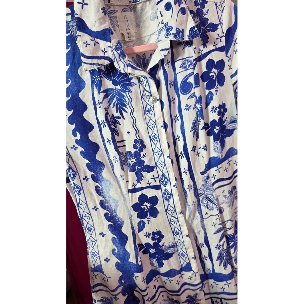 Joie Blue White Linen Rayon Floral Batik Midi Shirt Dress Small - Picture 11 of 11